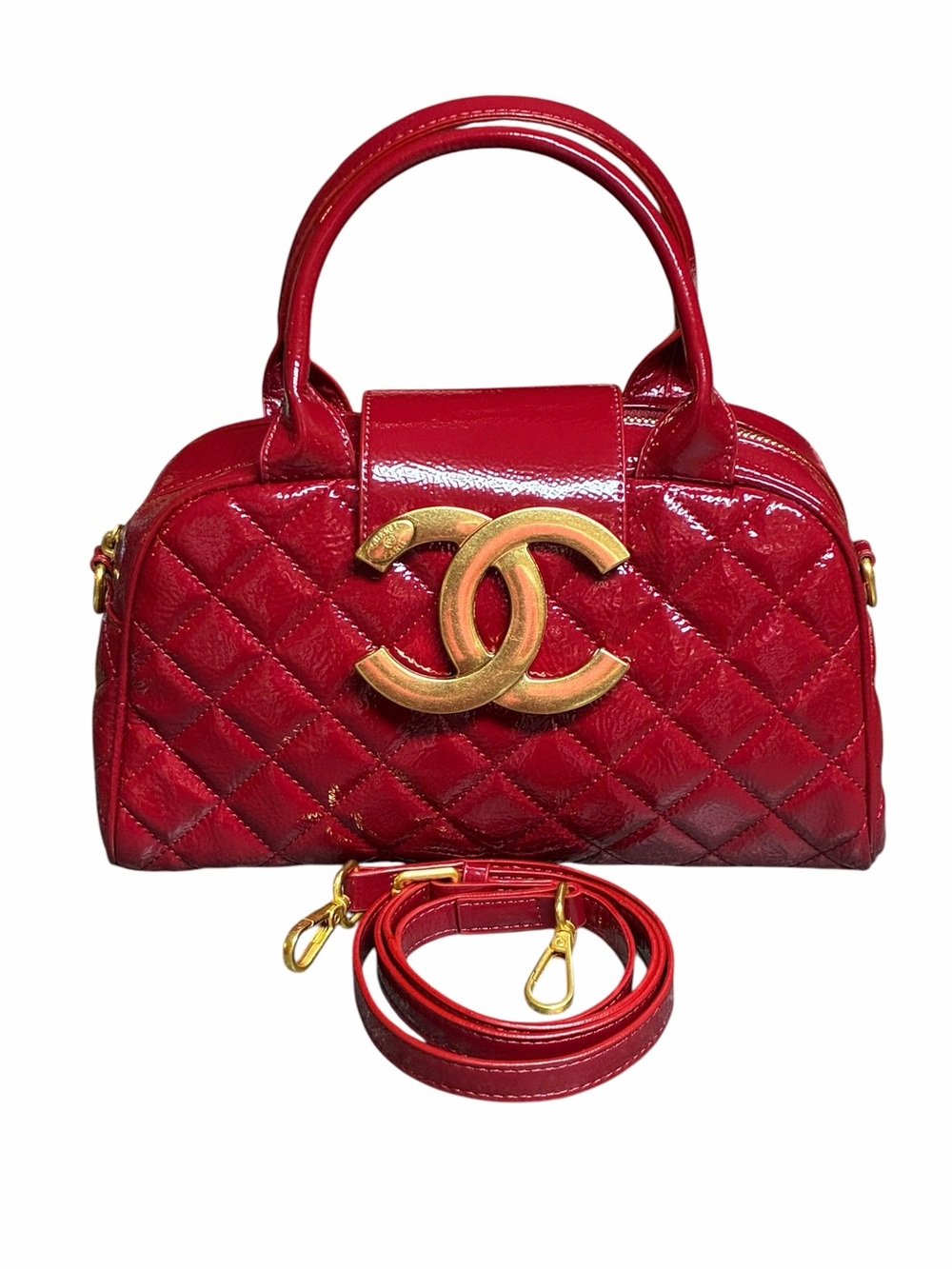 Double C RED Patent Leather Bowler Bag Giant Gold - Tone Metal Logo With Strap
